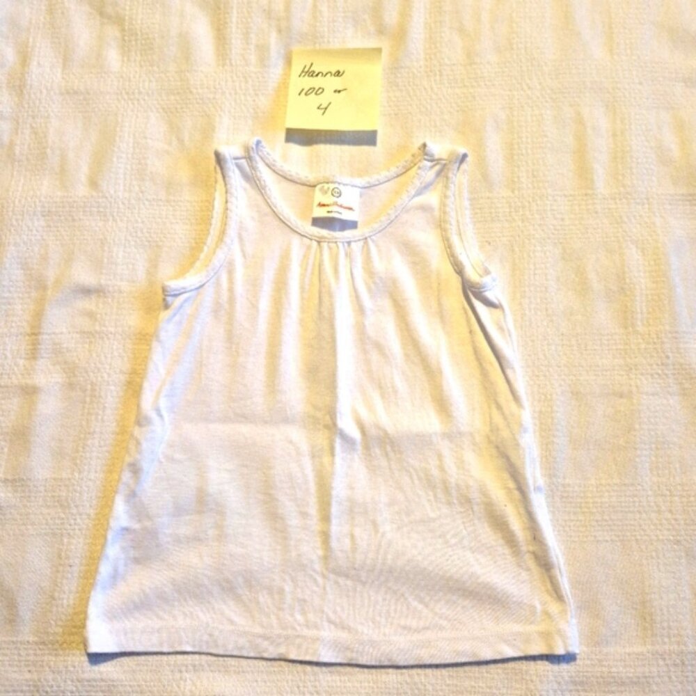 Hanna Andersson girls size 100 or 4 white tank top 1 untreated spot, guc